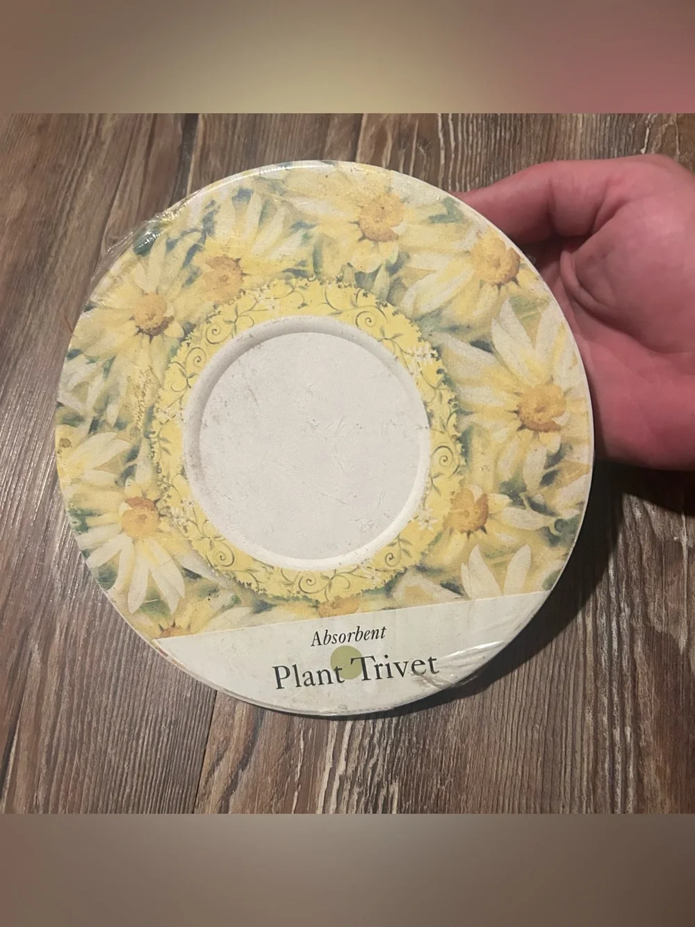 Vintage Trivet Absorbent Stone Plant Stand 7” Yellow Daisy Cork Bottom 2004